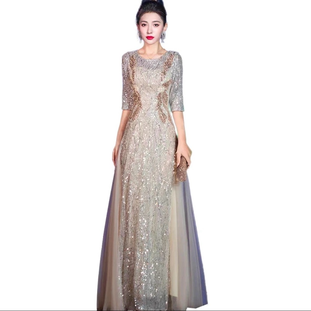 Elegant Silver and Gold Evening Gown
